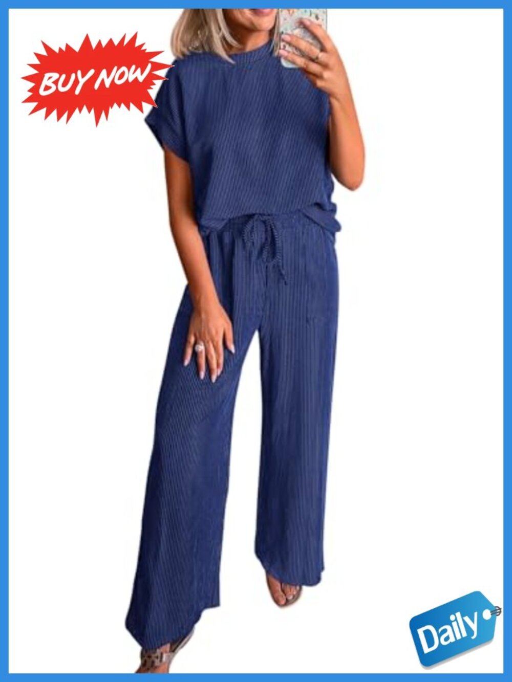 Ribbed Knit Lounge Set w/ Short Sleeve Top & Wide Leg Pants